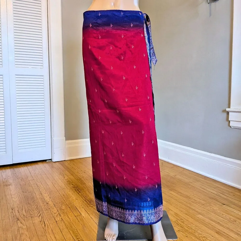 Vintage 90s Thai Silk by Apple Wrap Skirt Red Blue Filigree Ombre